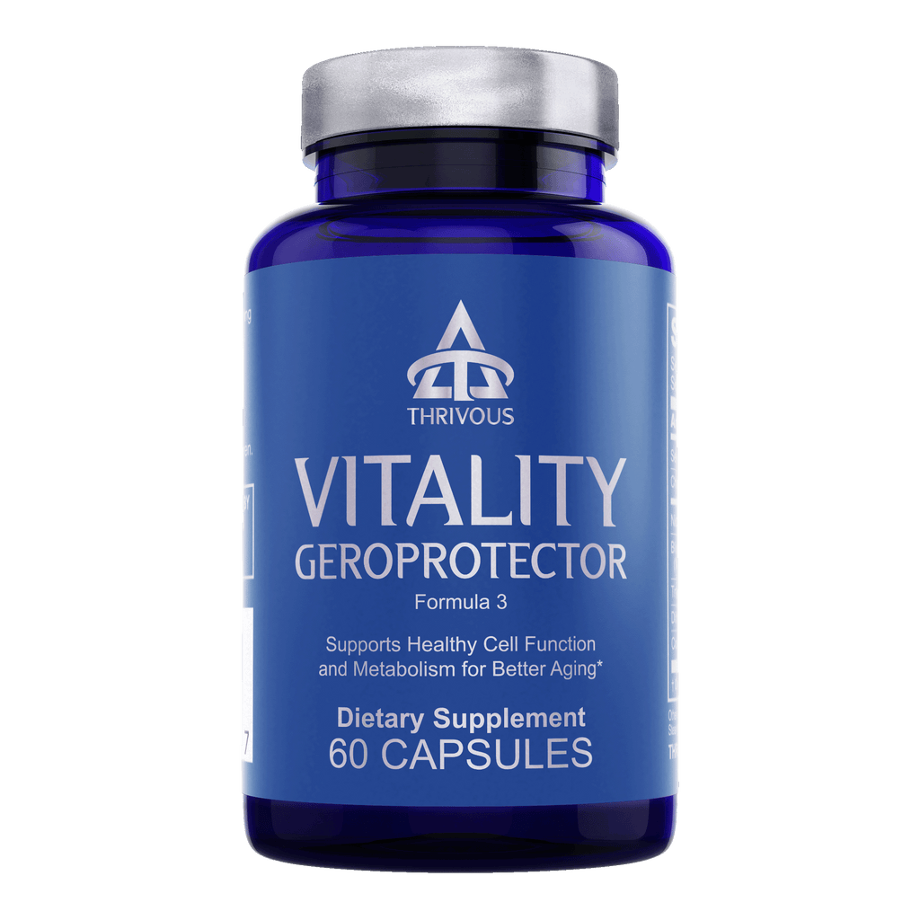 Vitality Geroprotector dietary supplement bottle containing 60 capsules for healthy aging and cellular support