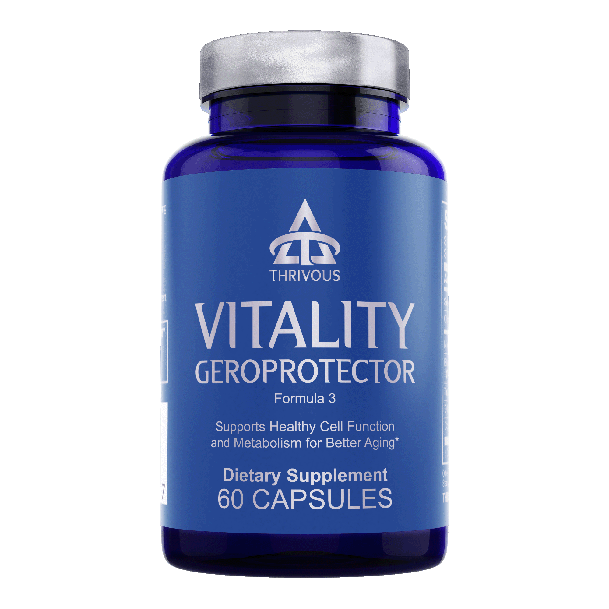 Vitality Geroprotector dietary supplement bottle containing 60 capsules for healthy aging and cellular support