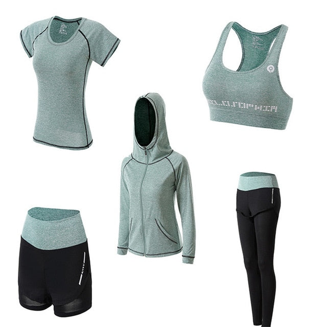 5-piece women's yoga set in solid colors featuring compression leggings and quick dry sports tops