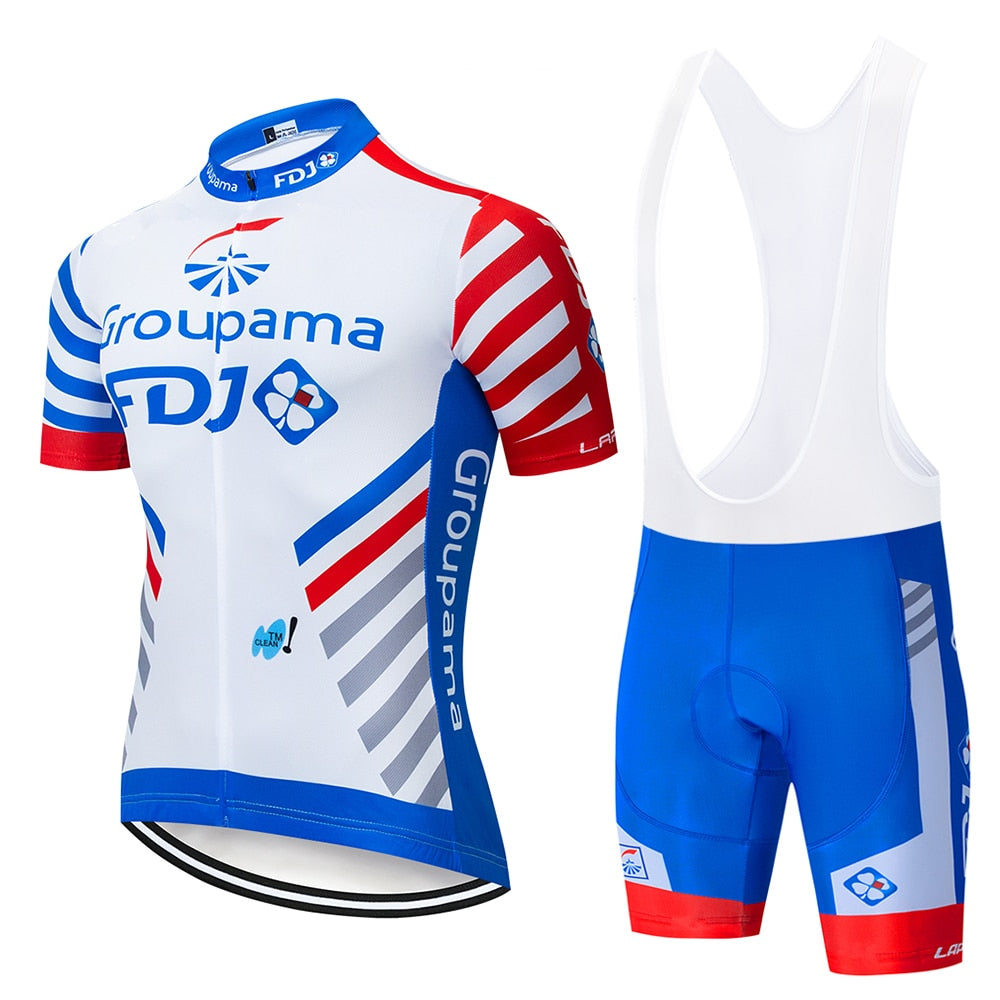 Men's pro cycling jersey set with padded bib shorts, short sleeves, and full front zipper — view 5