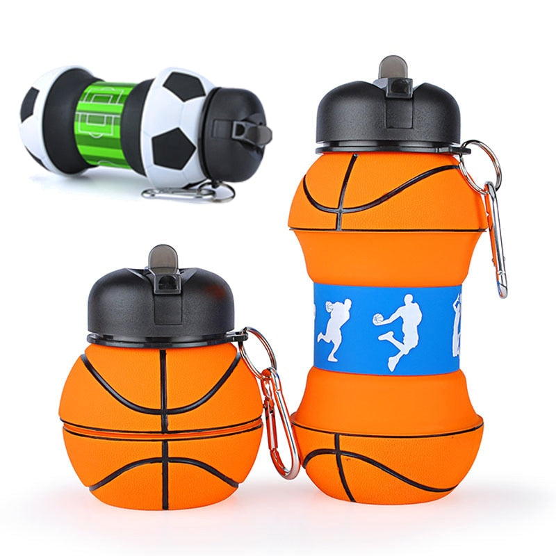 Collapsible silicone sports water bottle featuring an attached carrying rope and leakproof round mouth design.