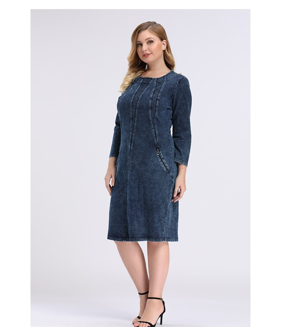 Plus size women's stretch denim sheath dress with three-quarter sleeves and shoulder pads. — view 3