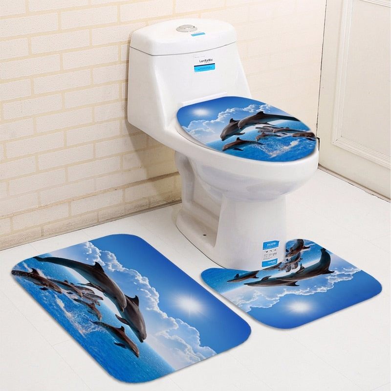 3D dolphin shower curtain set with matching non-slip bath mat contour rug and toilet cover — view 3