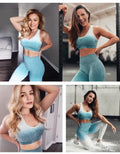 Women's two-piece ombre activewear set featuring a racerback sports bra and form-fitting gym leggings.