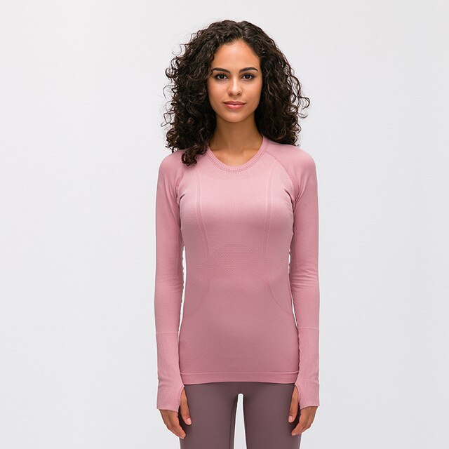 Seamless long sleeve women's yoga top with O-neck and thumb holes in athletic knit fabric — view 2