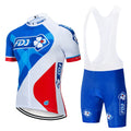 Men's pro cycling jersey set with padded bib shorts, short sleeves, and full front zipper