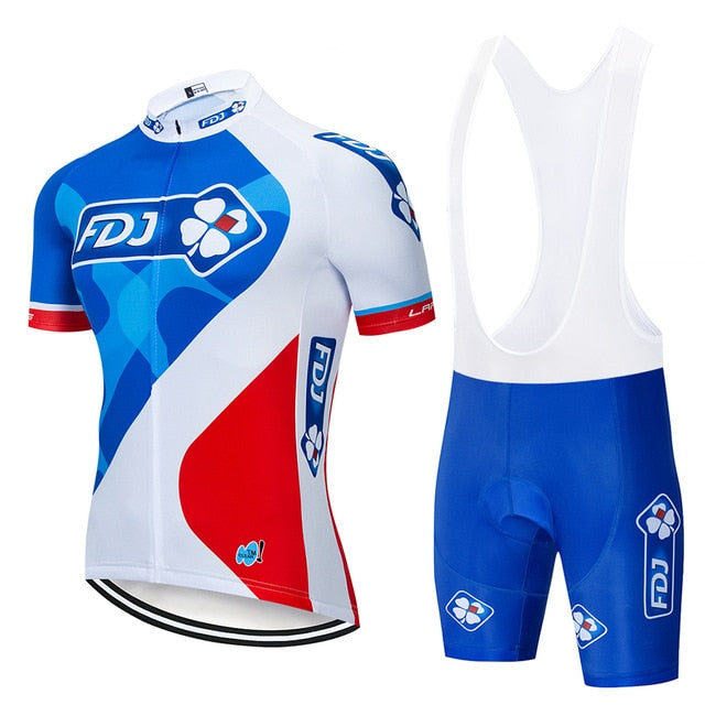 Men's pro cycling jersey set with padded bib shorts, short sleeves, and full front zipper — view 2