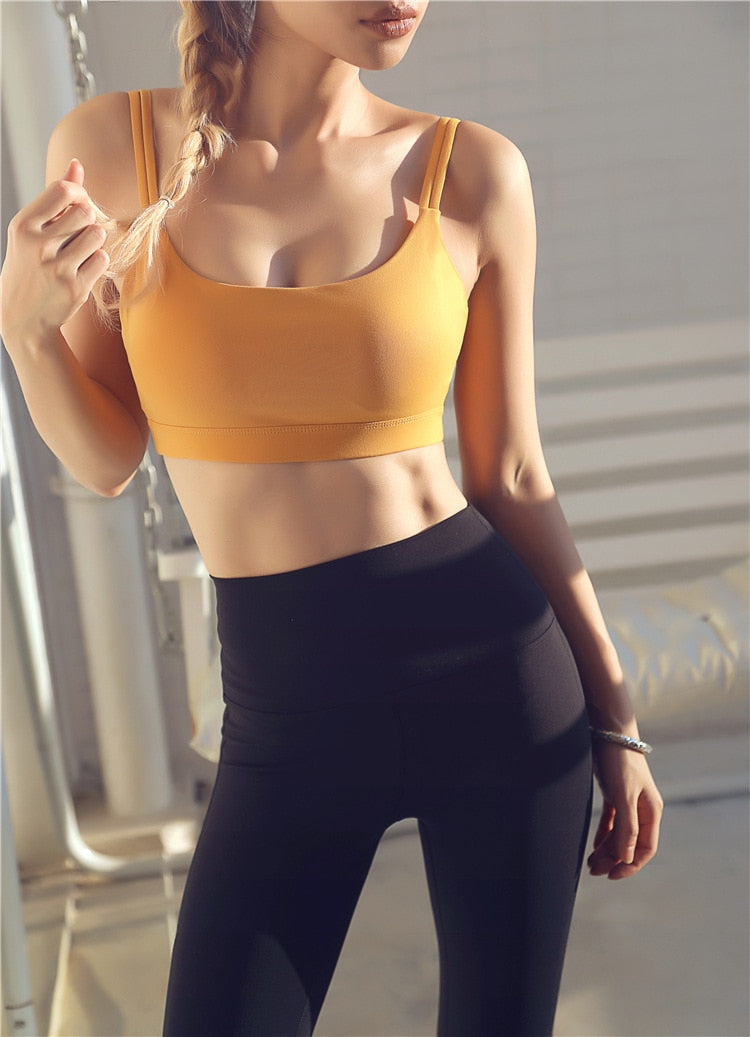 Padded women's double strap yoga sports bra running vest camisole in solid color nylon material — view 4