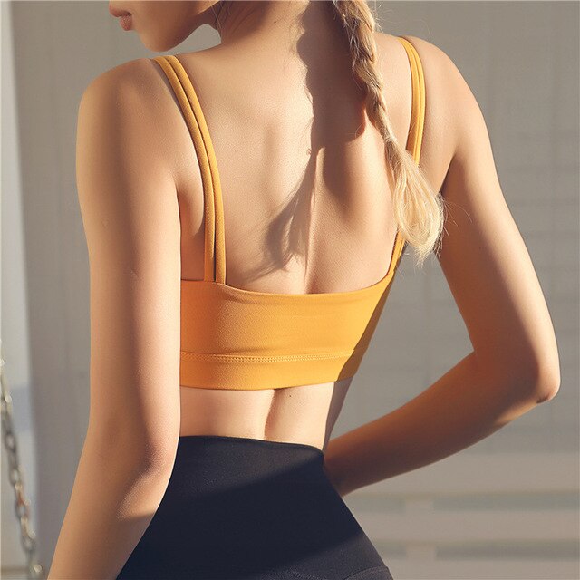 Padded women's double strap yoga sports bra running vest camisole in solid color nylon material — view 2