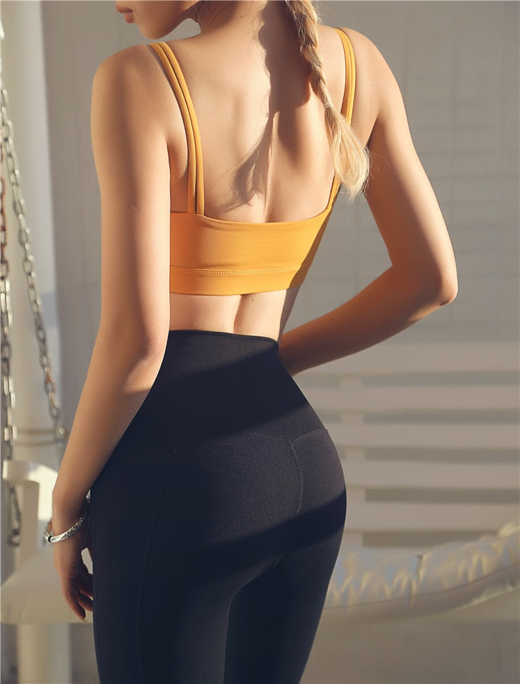 Padded women's double strap yoga sports bra running vest camisole in solid color nylon material — view 5