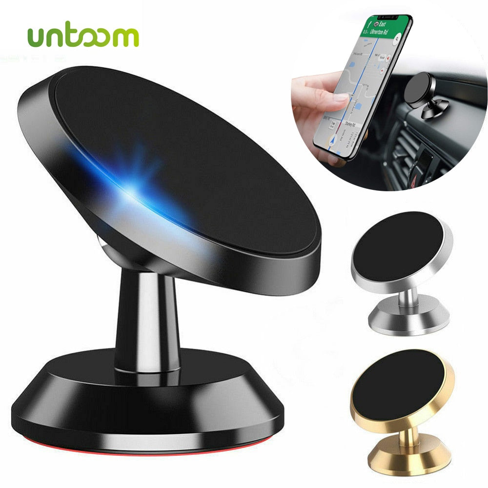 Universal magnetic car phone holder attached to a dashboard displaying a securely mounted black smartphone. — view 2