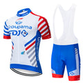 Men's pro cycling jersey set with short sleeves and gel padded bike shorts in team colors