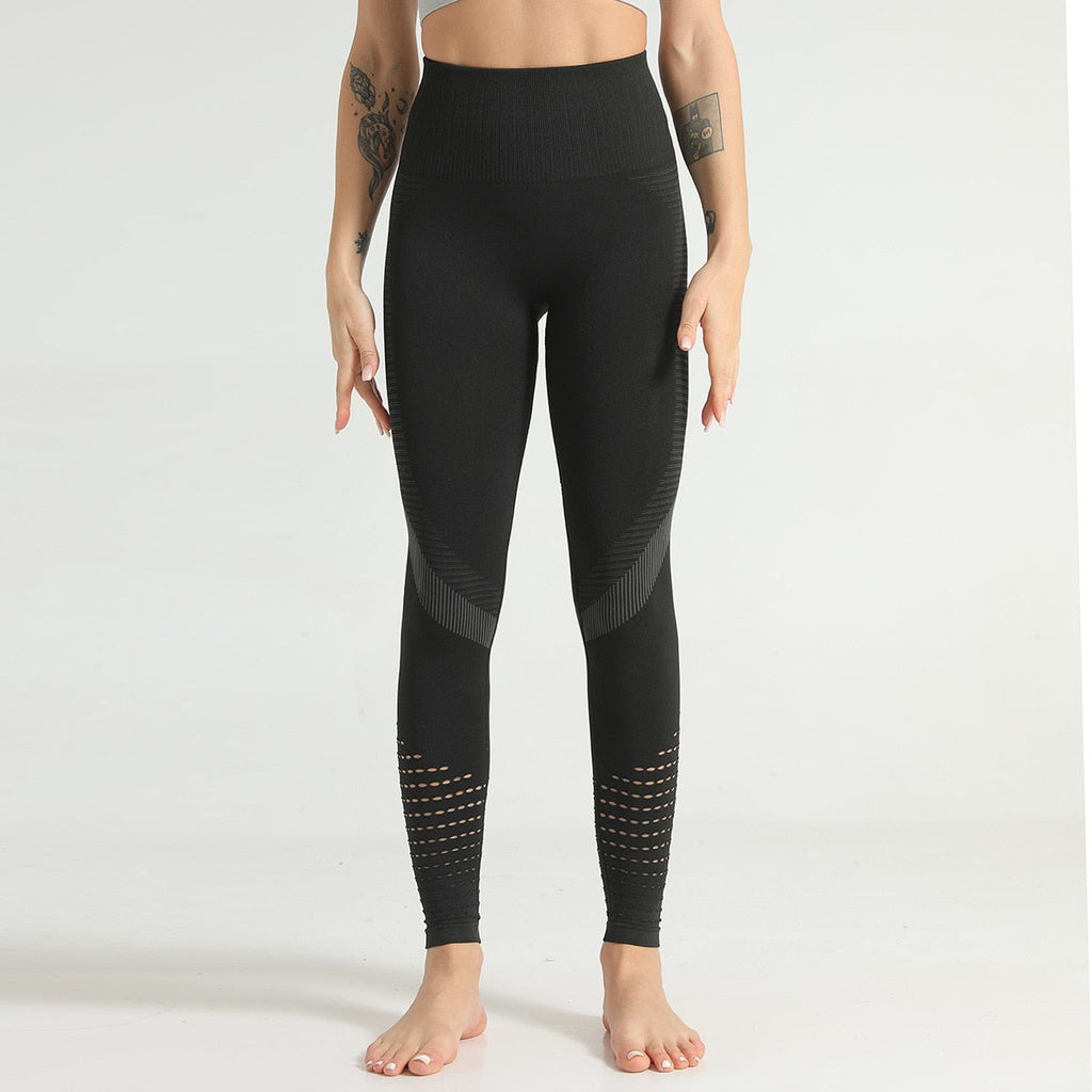 Women's seamless hollow-out fitness leggings with elastic waistband in ankle-length design for yoga and running — view 2