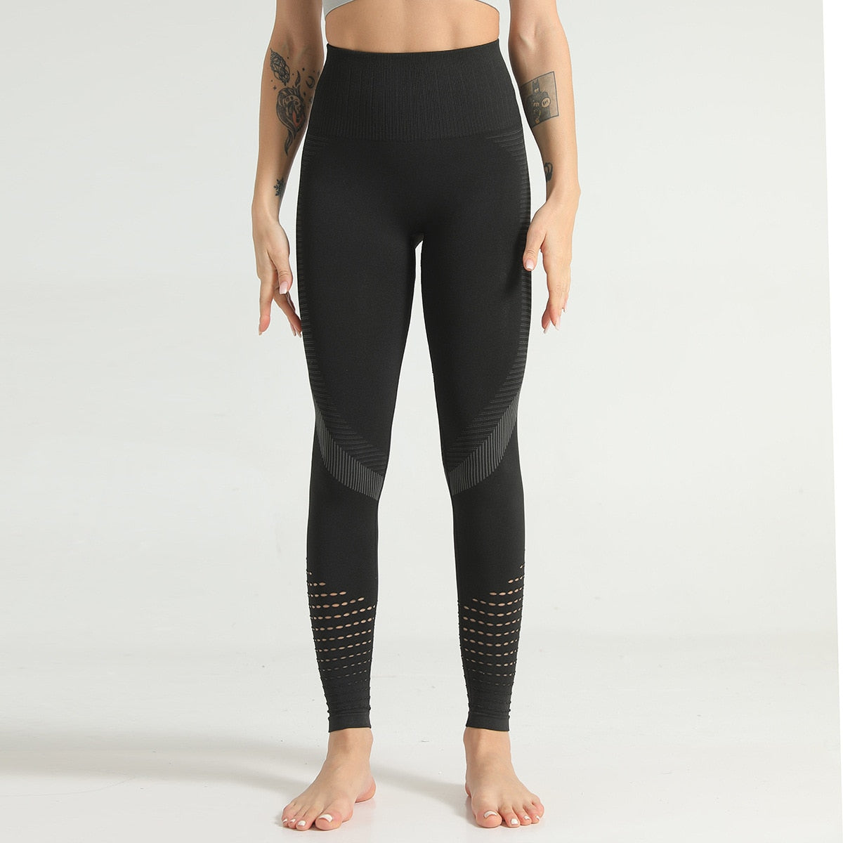 Women's seamless hollow-out fitness leggings with elastic waistband in ankle-length design for yoga and running — view 2