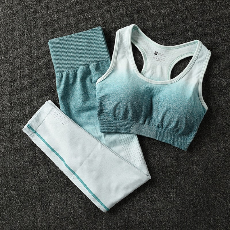 Women's two-piece ombre activewear set featuring a racerback sports bra and form-fitting gym leggings. — view 2