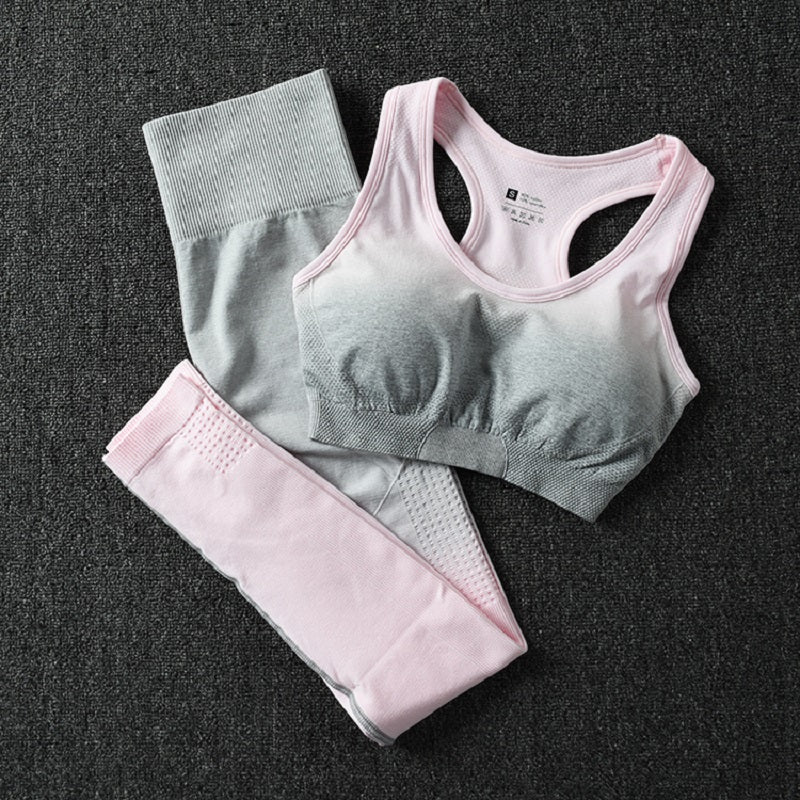 Women's two-piece ombre activewear set featuring a racerback sports bra and form-fitting gym leggings. — view 3