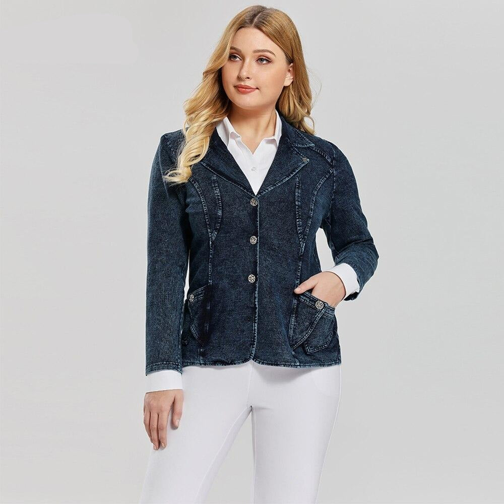 Women's plus size slim fit stretch denim blazer with single breasted closure and notched collar