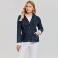 Women's plus size slim fit stretch denim blazer with single breasted closure and notched collar