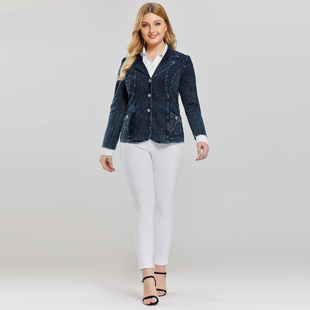 Women's plus size slim fit stretch denim blazer with single breasted closure and notched collar — view 2