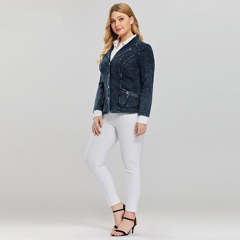 Women's plus size slim fit stretch denim blazer with single breasted closure and notched collar — view 5