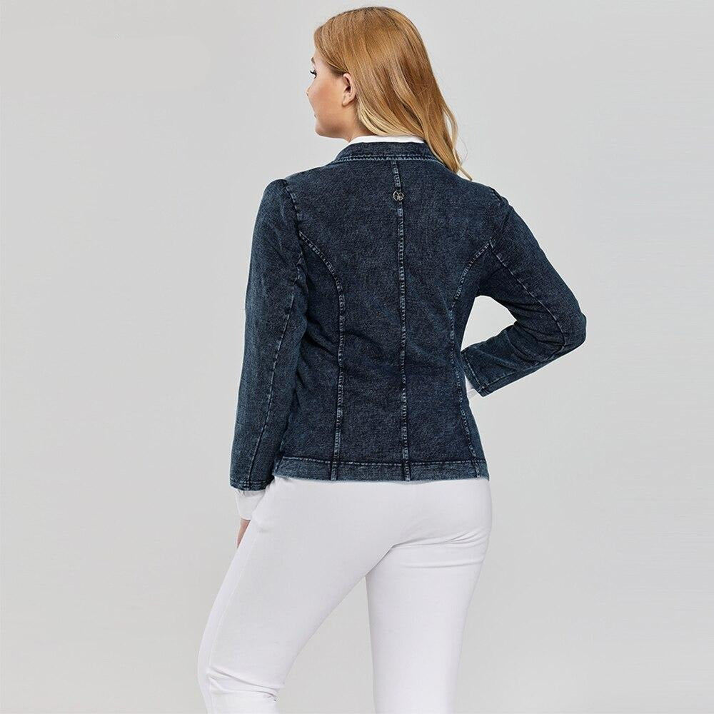 Women's plus size slim fit stretch denim blazer with single breasted closure and notched collar — view 3