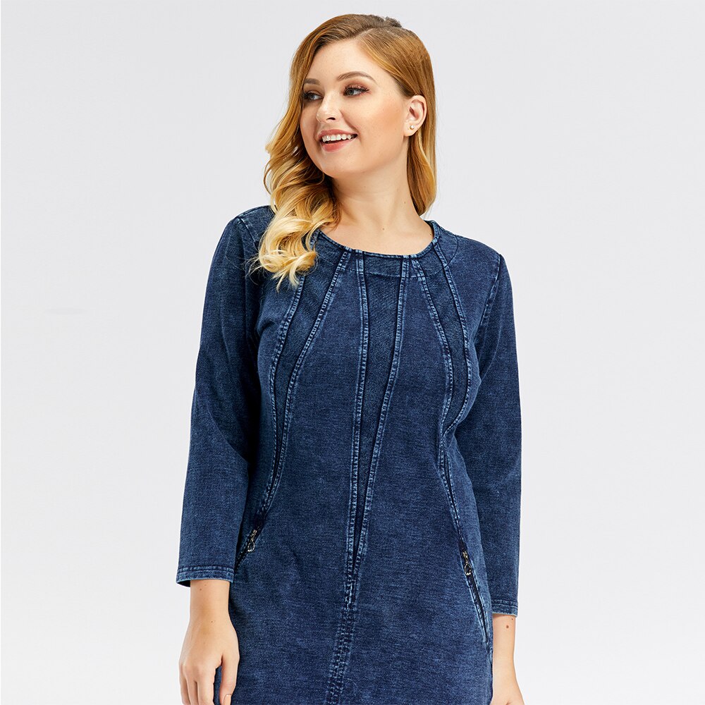 Plus size women's stretch denim sheath dress with three-quarter sleeves and shoulder pads. — view 2