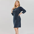 Women's plus size slim fit knitted denim sheath dress with three-quarter sleeves and cascading ruffles