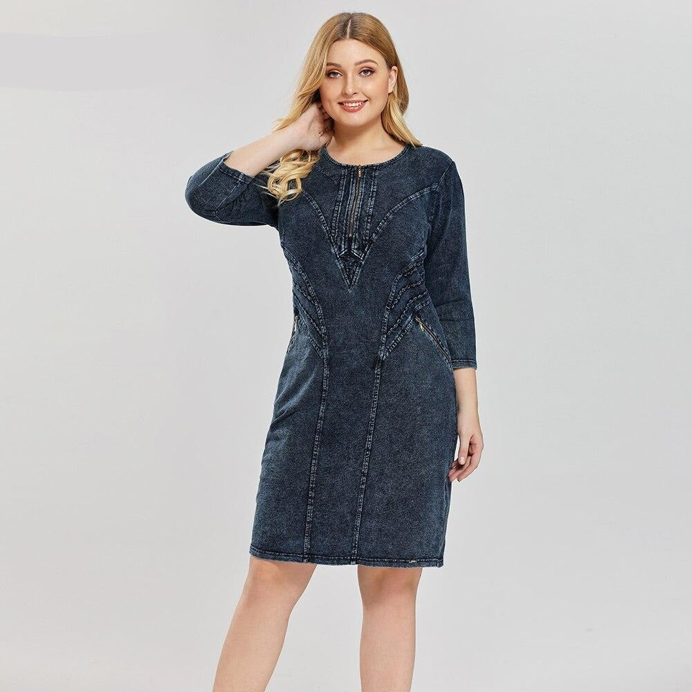 Women's plus size slim fit knitted denim sheath dress with three-quarter sleeves and cascading ruffles — view 2