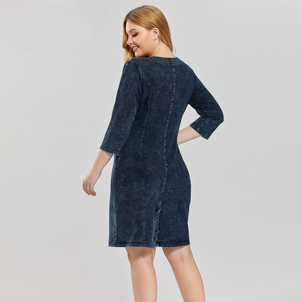 Women's plus size slim fit knitted denim sheath dress with three-quarter sleeves and cascading ruffles — view 4