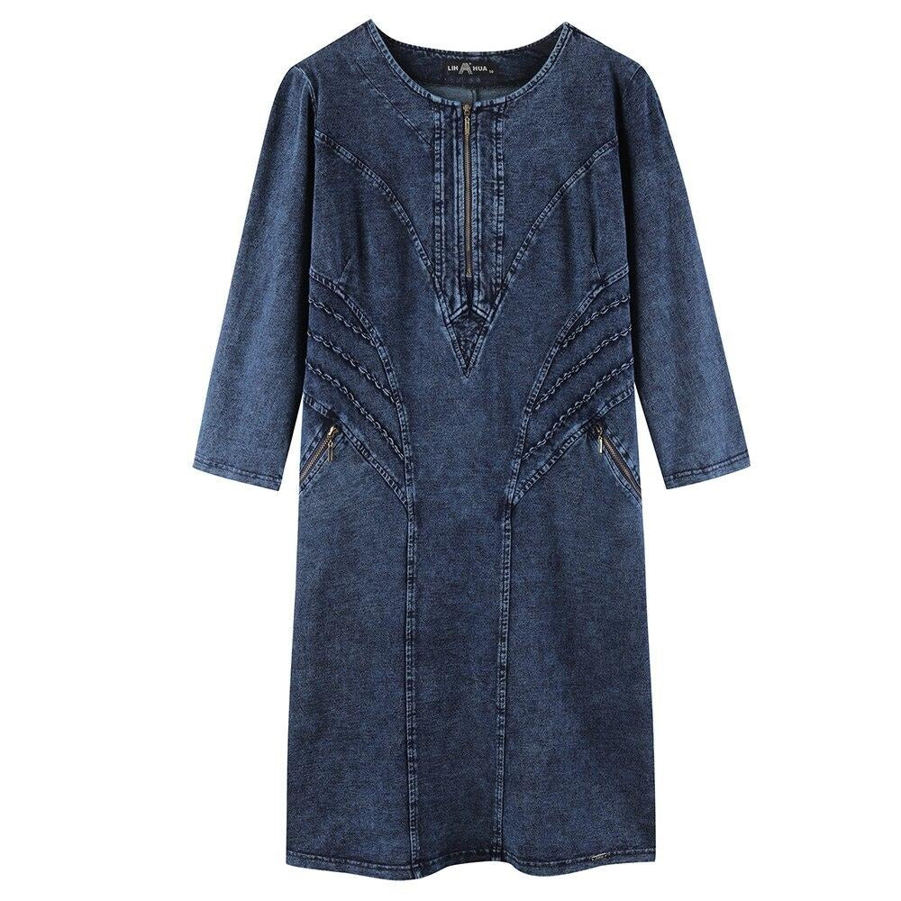 Women's plus size slim fit knitted denim sheath dress with three-quarter sleeves and cascading ruffles — view 5