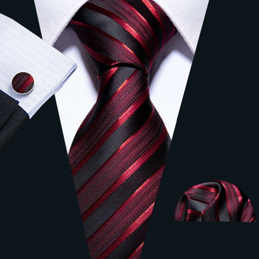 Red and black striped pure silk men's necktie set with premium wool lining