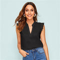 Elegant sleeveless V-neck shell top with delicate contrast lace trim and a stylish stand collar