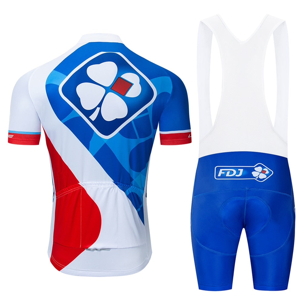 Men's pro cycling jersey set with short sleeves and gel padded bike shorts in team colors — view 4