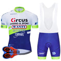 Men's blue and white short sleeve cycling jersey and padded shorts set for summer riding