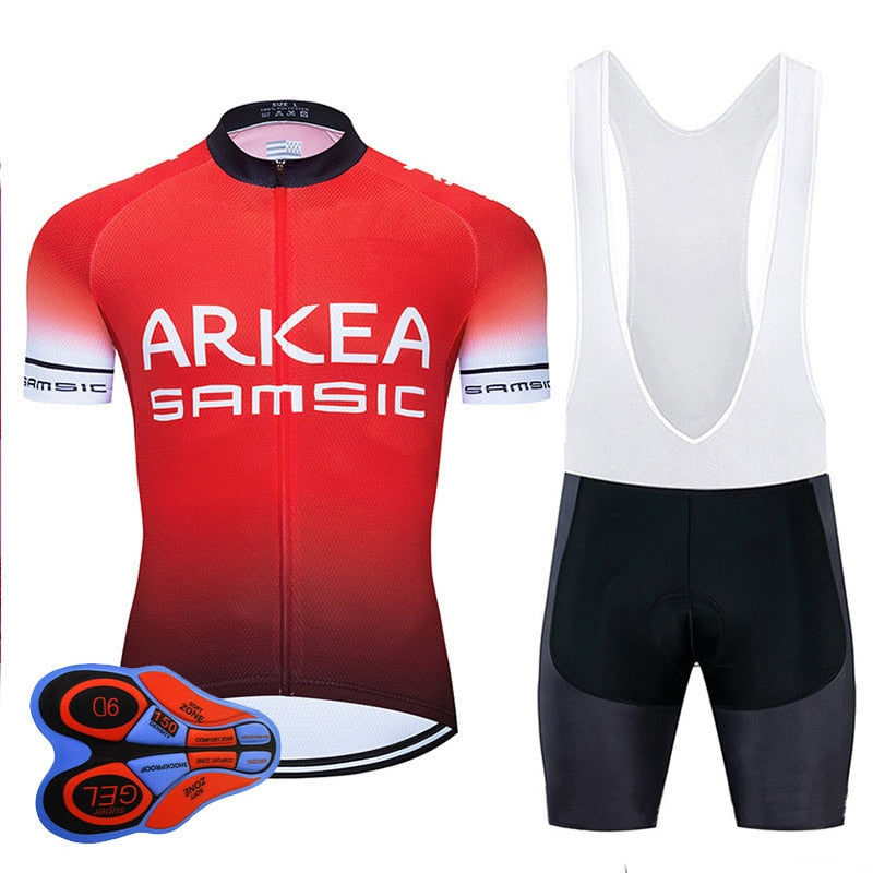 Red and black men's cycling jersey and gel padded bib shorts set for mountain biking