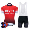 Red and black men's cycling jersey and gel padded bib shorts set for mountain biking