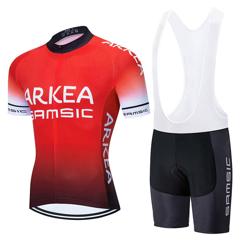 Red and black men's cycling jersey and gel padded bib shorts set for mountain biking — view 5