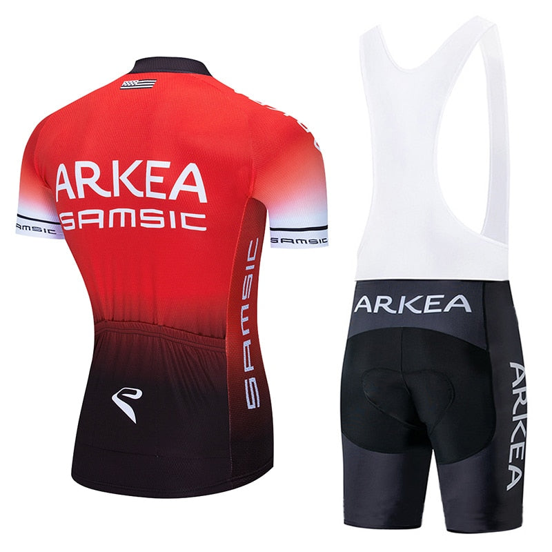 Red and black men's cycling jersey and gel padded bib shorts set for mountain biking — view 4