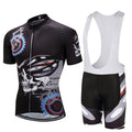 Men's skull cycling jersey set in black, featuring short sleeve top and matching padded bib shorts