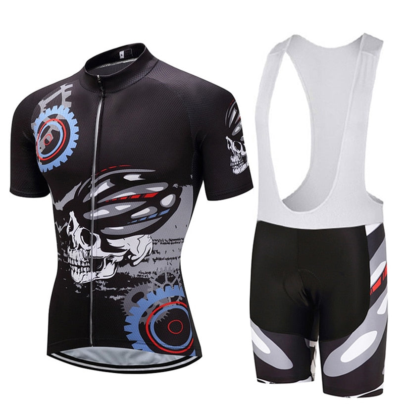 Men's skull cycling jersey set in black, featuring short sleeve top and matching padded bib shorts