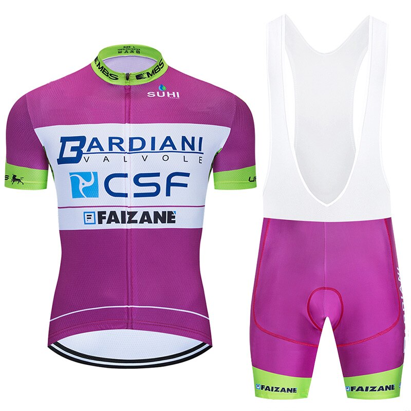 Men's purple pro cycling jersey and bib set with gel padded shorts and short sleeves