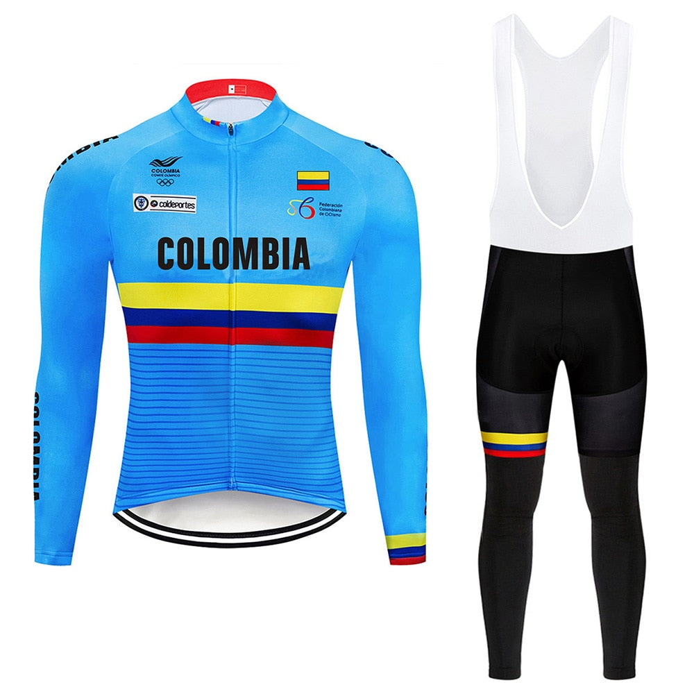 Men's long sleeve Colombia cycling jersey and 9D gel padded bib set in breathable fabric