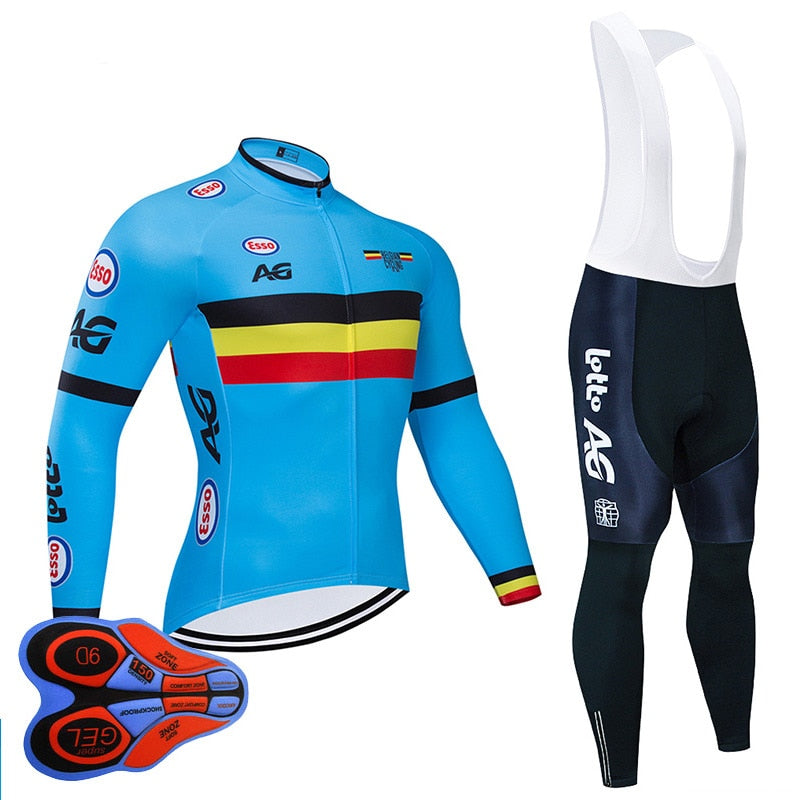 Men's Belgium long sleeve cycling jersey and 9D padded bib set in breathable fabric
