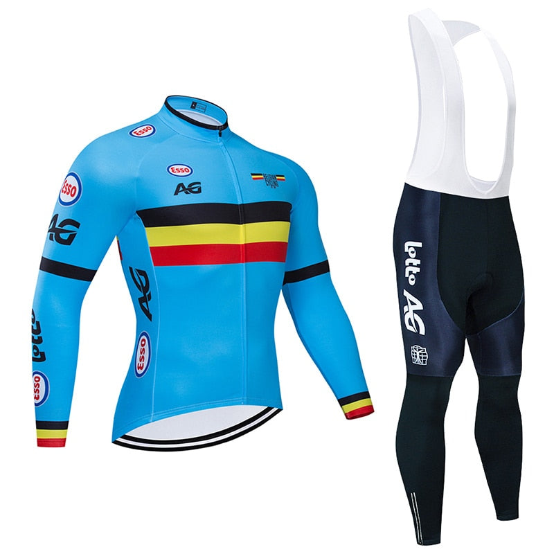 Men's Belgium long sleeve cycling jersey and 9D padded bib set in breathable fabric — view 3