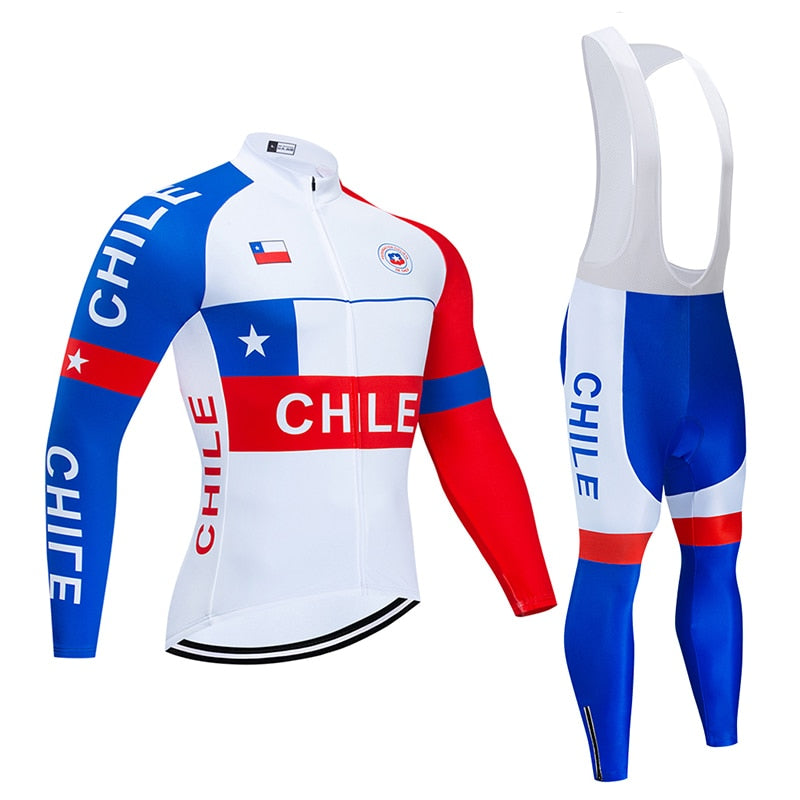 Men's Team Chile long sleeve cycling jersey and padded bib set in breathable polyester fabric