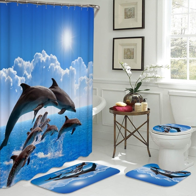 3D dolphin shower curtain set with matching non-slip bath mat contour rug and toilet cover