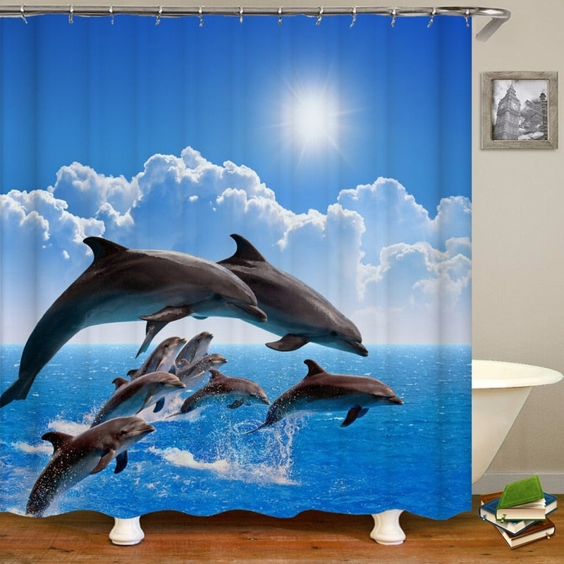 3D dolphin shower curtain set with matching non-slip bath mat contour rug and toilet cover — view 2