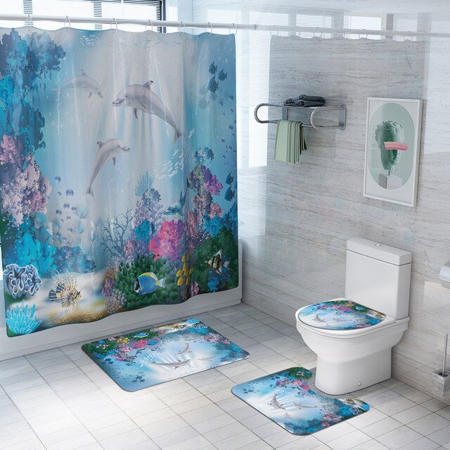 3D dolphin shower curtain set with matching non-slip bath mat contour rug and toilet cover — view 5