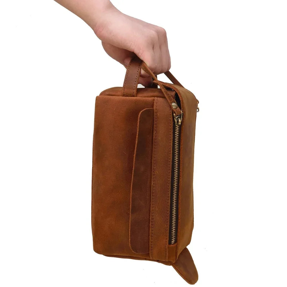 Handmade brown leather Dado dopp kit and travel toiletry bag with front pocket — view 4