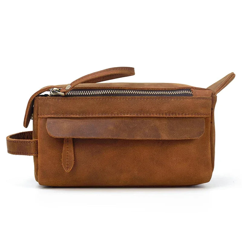 Handmade brown leather Dado dopp kit and travel toiletry bag with front pocket — view 2